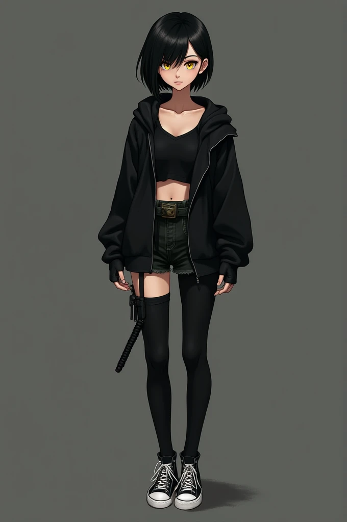 Catherine is a  girl, an open black sweatshirt, a long-sleeved black shirt, black fingerless gloves, black and white Converse All Star sneakers, black socks, black hair, shorter on the left side and longer on the right, yellow eyes, she also wears a katana...