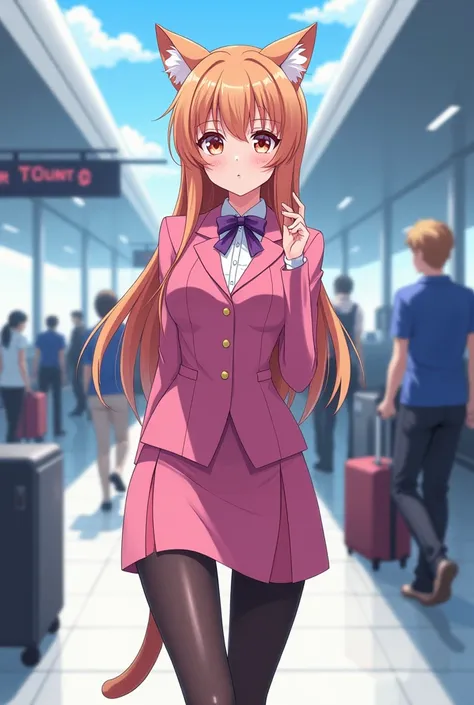 Please draw a cat girl cabin attendant in an anime style, wearing a pink uniform, a tight skirt and black stockings, full body.。I&#39;d like the background to be an airport.。