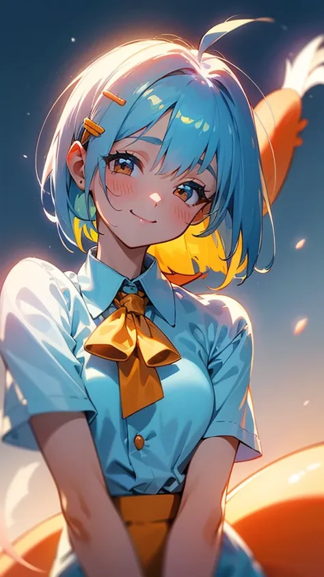 Young woman、Alone、A white and blue blouse shirt、Small breasts、Shiny light blue hair、Bob Hair、Tie your hair with an orange hair clip、Beautiful brown eyes、A gentle gaze、smile、Upper body close-up、Shrimp mascot、Delicate contours、Under the moonlight、Blur the ba...