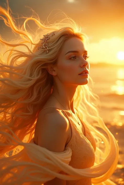 The sun is a woman with long hair, cool and beautiful. The picture is from above, tilted slightly, looking forward, and behind is the sun shining.
