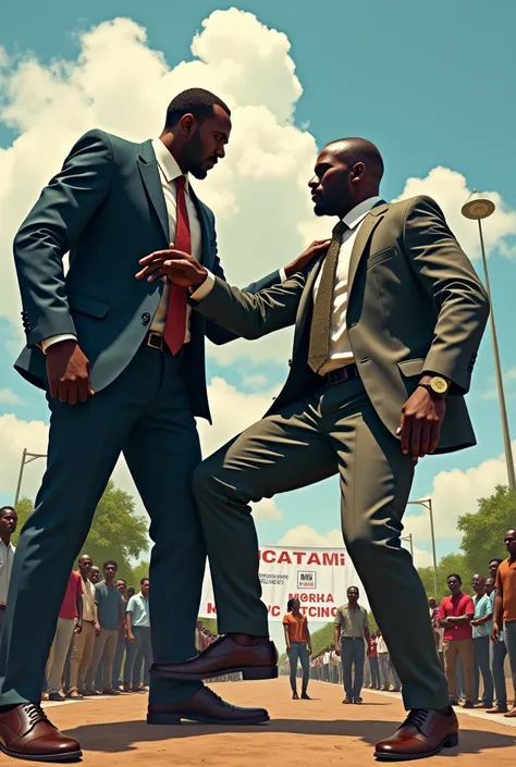 A huge kenyan handsome giant in a suit fighting with a government giant. 
Several government bloggers pulling one leg of the giant strongly like a tag-of-war.
Behind there is a banner written "Morara Civic Education".