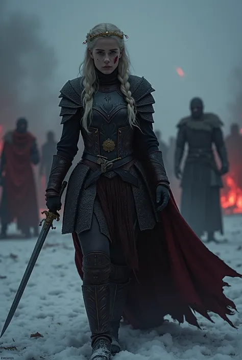 dark fantasy, bittersweet atmosphere, a blonde warrior, Henna, pale skin, full armor with intricate designs, sword held in one hand retreating into the deep shadows, his face marked by determination, the battlefield behind her is shrouded in darkness, fain...