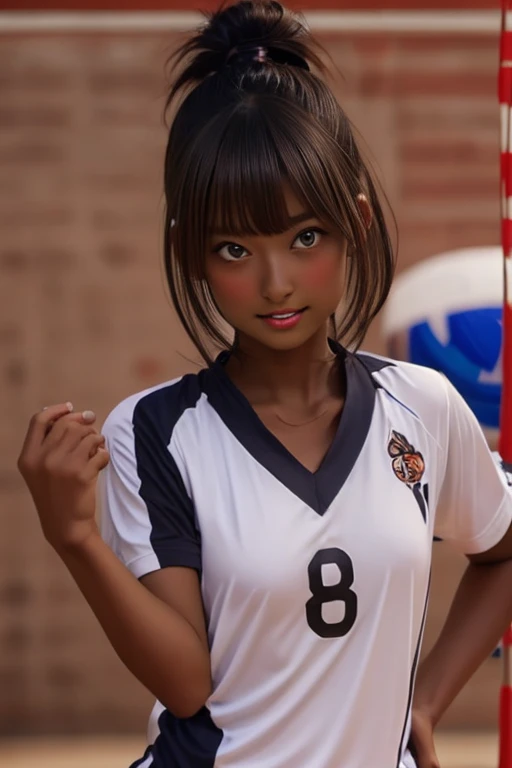 (((( one girl )))), Put your hand over your mouth、Beautiful breasts、 Brown eyes, ((Gal Hairstyles)) blonde, girl, (Eye and facial details:1.0), break, (masterpiece, Highest quality, Very detailed, Detailed face, 8k),( dark skin:2.05 ), (((( volleyball unif...