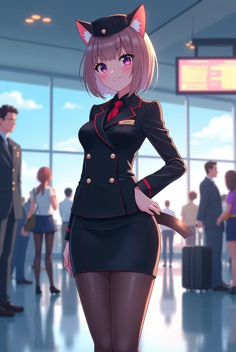 Please draw a cat girl cabin attendant in an anime style, wearing a black uniform, tight skirt and black stockings, full body.。I&#39;d like the background to be an airport.。Please draw in pairs。