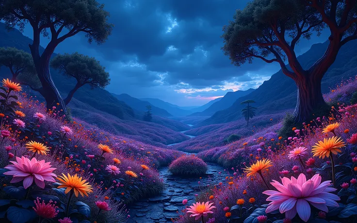 ((beautiful image for wallpaper)), (4K ULTRA RES), (huge resolution), (beautiful landscape), (night scene:1.4), (ultraviolet filter raw image:1.2), floral landscape, UV night scene