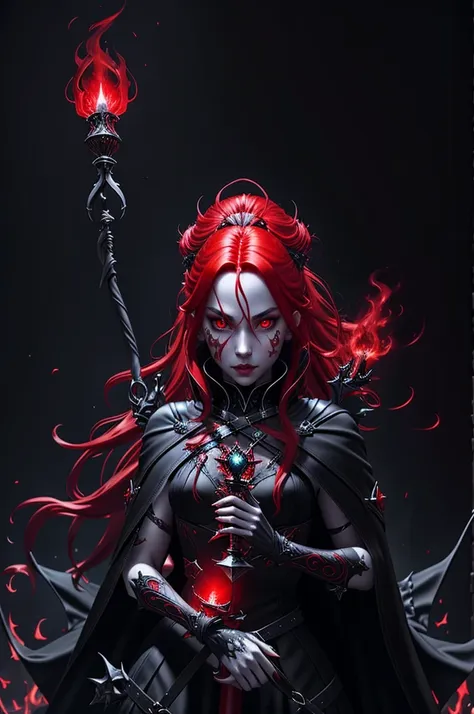 a beautiful vampire with long red hair, glowing eyes, wearing black and red leather, conjuring a flaming sphere in her hand, loo...