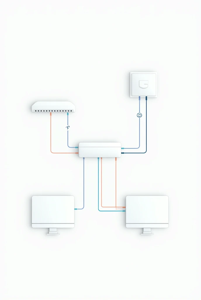 Network diagram of device communication using wired media. Include components or image the computer , router, switch, modem. Use diff colors to differentiate devices and ethernet cables. Lastly, label each component . (Simple yet informative 