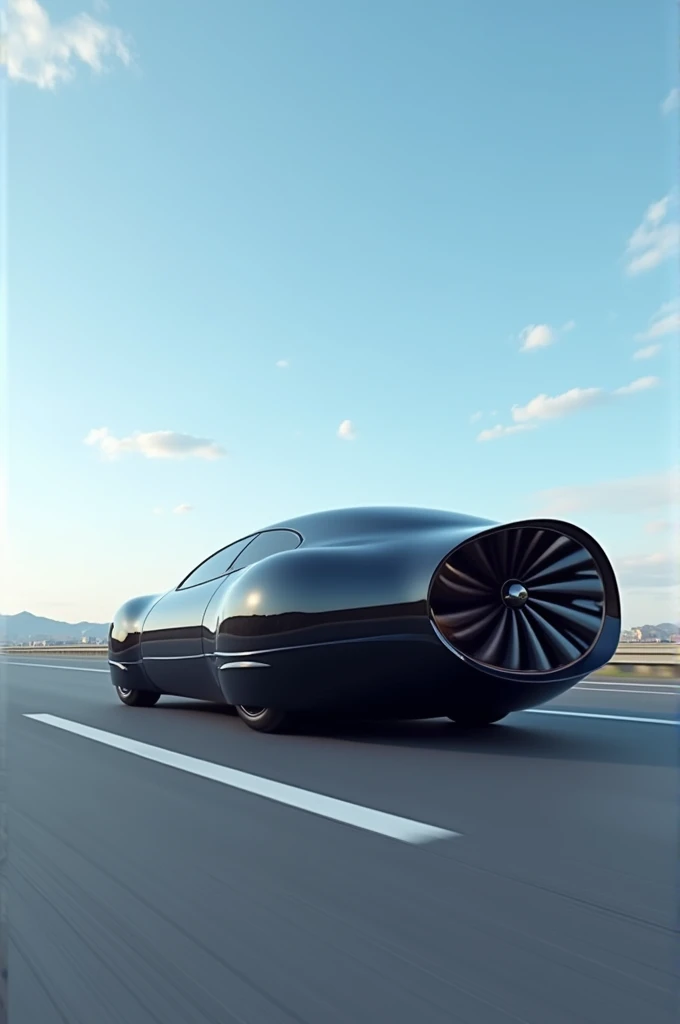 Round Car, in the black color, with a fan at the back, Moving on the highway in the open blue sky