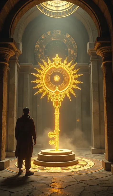 Upon completing the trials, the traveler discovers a hidden chamber within a time nexus, a place where time flows in circular patterns. The chamber’s walls are adorned with swirling clocks and golden hourglasses. At the center, on a pedestal, rests a radia...