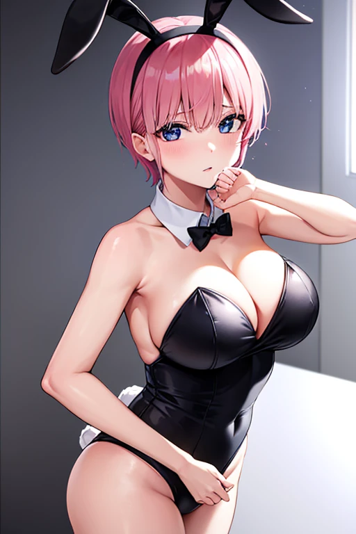 Shooting in the kitchen,Show the whole body,One Can Be, Ichika Nakano, Short Hair, Bangs, Blue eyes,Hair between the eyes, Pink Hair,Big Breasts,Cleavage,Bunny girl outfit,Black Bunny Girl,Black rabbit earsのカチューシャ,Black rabbit ears