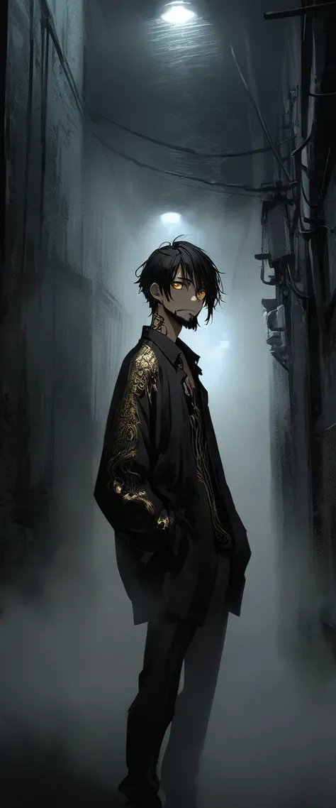 Anime Style。A black silk shirt embroidered with gold patterns。Alley in the fog。Skinny young man standing with his hands in his pockets。Droopy eyes。Thin face。Nihilistic smile。Black beard and beard。Messy long black hair。,。Ethnic gold tattoo on forehead。Golde...