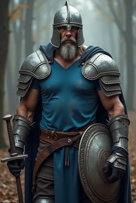 30 year old man in Blue tshirt he is wearing iron helmet and full armor he has sword and shield in his hands