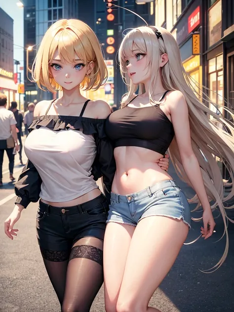 Anime style, super fine illustration, highly detailed, beautiful detailed, pale tone image, static representation, gentle expression, 8k, pretty & perfect 1girl with blonde straight short hair & blue eyes & a bright smile & big breasts & soft fair skin is ...