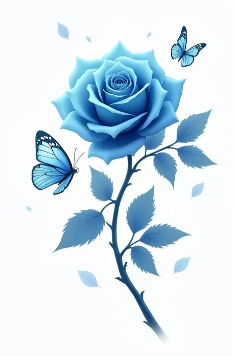 A rose branch with carbon blue color.  With two small and big blue butterflies with white background