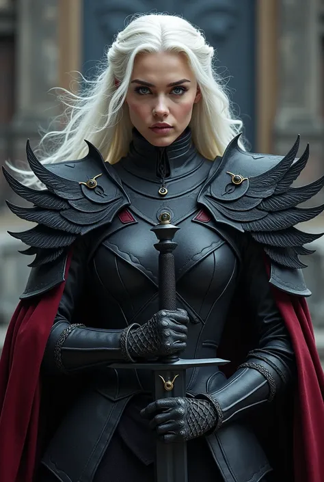 uma mulher targareyn, com cabelos brancos,com uma armadura preta com detalhes em vermelhos e adornos em forma de dragao,((best qualityer)) , (detailded), Dazzling Visenya Targaryen, black dragon armor, Black Sword