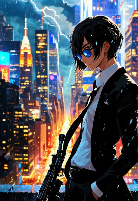 長身のアメリカpeopleが２people、Black suit、Black sunglasses、Black Shoes、White shirt、Black tie、Holding a special, tough-looking ranged weapon、The background is the New York cityscape at night、The sky is filled with dark clouds and thunder is falling