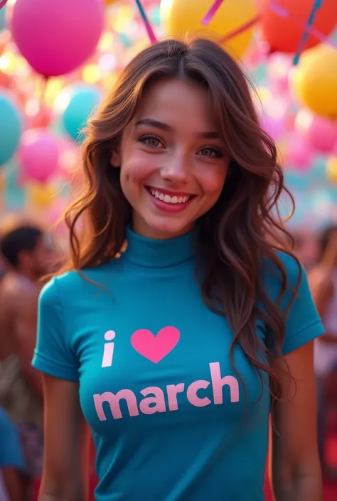 beautiful girl wearing a blue high-neck top with "I ♡ March" written
on it. The background behind the girl reflects a party theme, with vibrant colors and decorations
appropriate for a celebration. Capture the essence of joy and festivity in the scene, h...