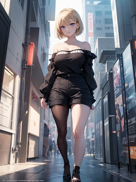 Anime style, super fine illustration, highly detailed, beautiful detailed, pale tone image, static representation, gentle expression, 8k, pretty & perfect 1girl with blonde straight short hair & blue eyes & a bright smile & big breasts & soft fair skin is ...