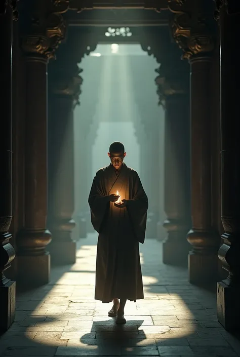 7. **The young monk walking through corridors filled with shadows**, symbolizing distractions and gossip, but his focus on the water spoon is highlighted by a glowing light around him.





