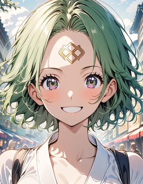 One Girl、Emerald green hair、Japanese、Short Hair、Showing his forehead、future、one piece、A big smile、、delicate、Slender、beautiful girl