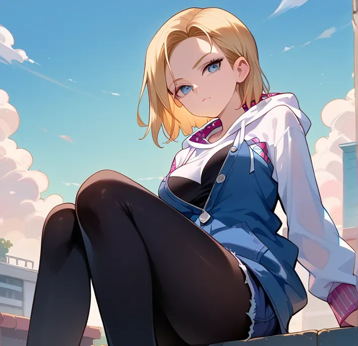 A short-haired young-adult girl, big breast, Nami Inspired, Hinata Sakaguchi inspired, Android 18 inspired, is sitting with seducing face, candid, on rooftop (wears(spider-gwen costume))