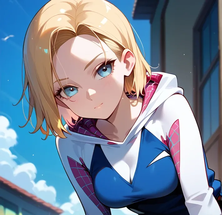 A short-haired young-adult girl, big breast, Nami Inspired, Hinata Sakaguchi inspired, Android 18 inspired, is sitting with seducing face, candid, on rooftop (wears(spider-gwen costume))