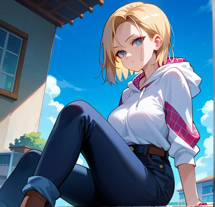 A short-haired young-adult girl, big breast, Nami Inspired, Hinata Sakaguchi inspired, Android 18 inspired, is sitting with seducing face, candid, on rooftop (wears(spider-gwen costume))