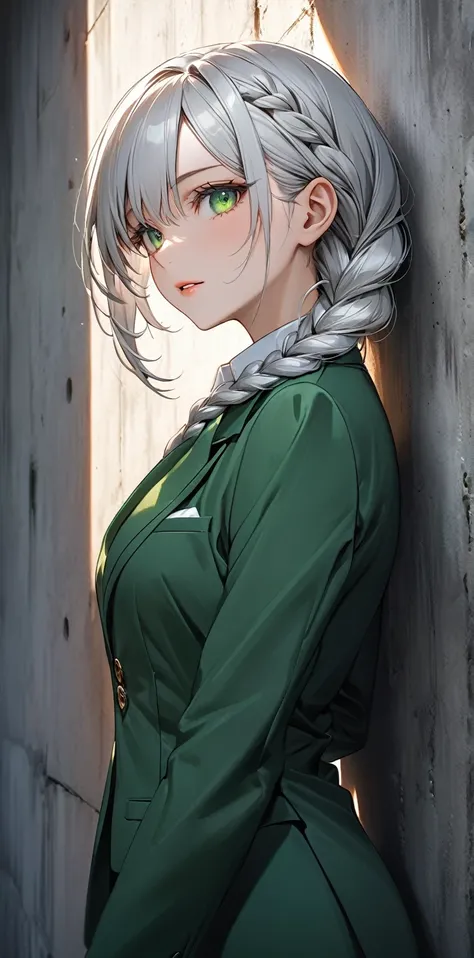 Ultra high resolution, rich colors, perfect image, top quality, detailed image, beautiful woman, glowing skin, skin and clothing texture, delicate eyes, concrete wall background, dark green suit, white shirt,  (((silver hair in a single braid))), green eye...