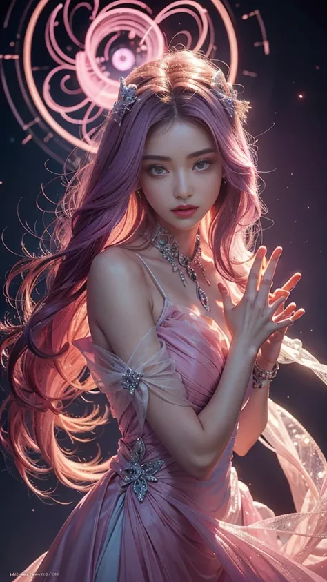 Full figure, seven -clinging shooting, 14 years young,wearing transparent science fiction dress, exquisite faces, details, hands, ultimate details, amazing magnificence, LED internal lighting, Pedaipan style, fiber hair, glowing pink iris, glowing pink iri...