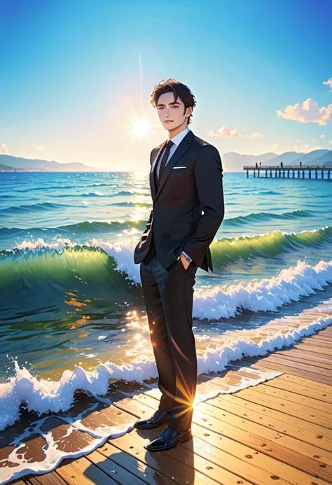 (masterpiece, best quality:1.2), one man、(side), blue sea eyes, beautiful face, beautiful eyes, black suit、backlight, standing o...