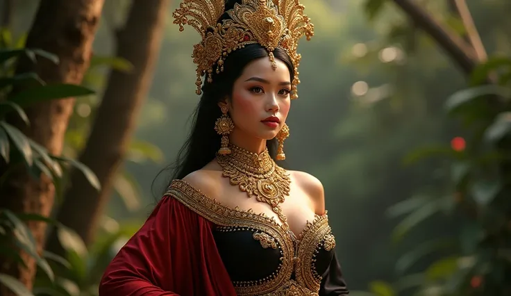 araffe woman in a black and red dress with a gold crown, traditional beauty,wearing an ornate outfit,  javanese beauty, gorgeous woman, javanese costume, very very beautiful woman, javanese queen, big breasts