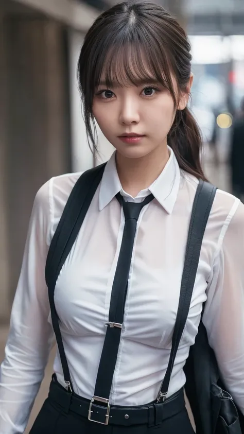 a woman in a suit, belt, hands behind back, sweating, suspenders, black pants, large breasts, see-through clothing, rain, detect...