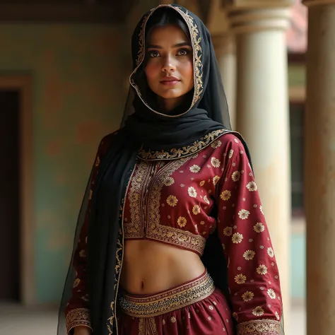 A Sexy Bold Traditional Beautiful Bangladeshi Muslim Hijabi girl . Revealing Her Navel and a waist chain tied on it 