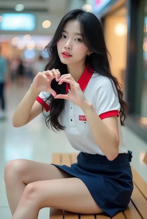 "K-pop style women&#39;Realistic image、Korean Beauty, length, ウェーブのかかったBlack Hair. she、sitting on a bench in a shopping mall、Wearing a white polo shirt、Collar is red、Red line on sleeves、Wear a navy blue mini skirt、White Nike sneakers. One Girl, Use your ri...