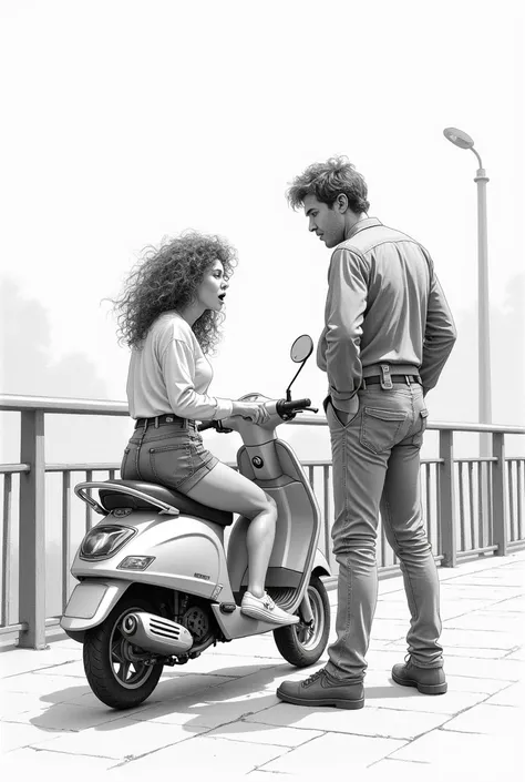 (photorealism:1.2), There is a man and a woman on an overbridge. The woman, who has curly hair, is sitting on a scooter, while the man is standing next to her. The woman is yelling at him. Create a pencil illustration of this scene.