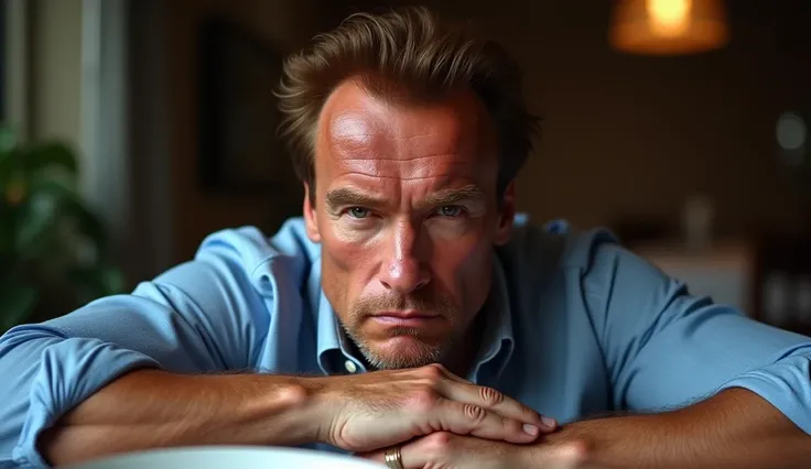 "Create a high-resolution image of Arnold Schwarzenegger sitting at a dining table. He is wearing a blue printed shirt. His facial expression should be one of intense scrutiny, as if he’s glaring or observing someone closely. He should have both hands plac...