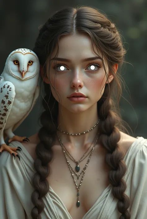 A realistic Norse woman with a slightly round face and long brown hair styled in braids that keep her hair away from her face. Her eyes are entirely white, glowing softly, with no visible pupils or irises. She has a serene, pure expression. She is dressed ...