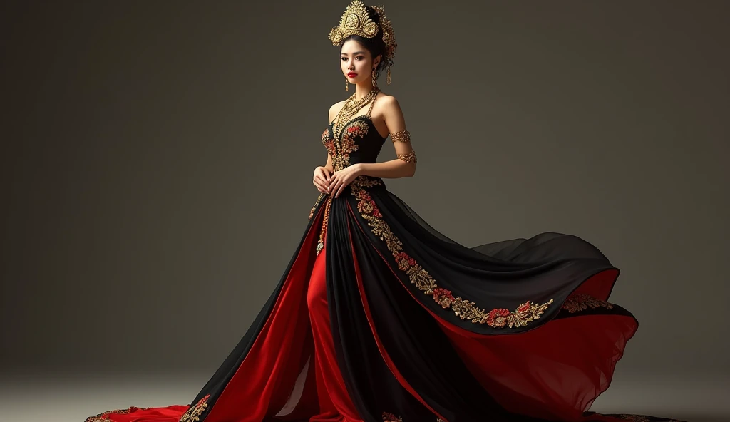 araffe woman in a black and red dress with a gold crown, traditional beauty,wearing an ornate outfit,  javanese beauty, gorgeous woman, javanese costume, very very beautiful woman, javanese queen, big breasts, full body to toe, curvy