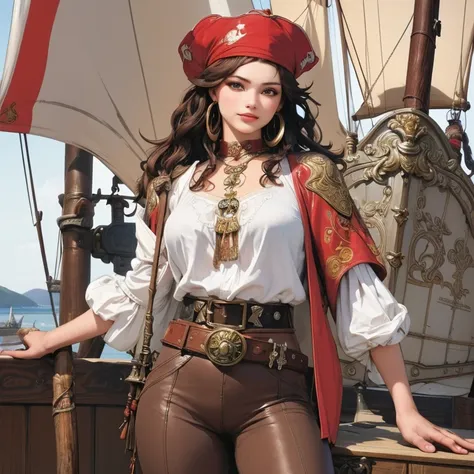 a 30-year-old redheaded female pirate captain, shoulder-length wavy hair, red bandana, large gold hoop earrings, loose white lon...