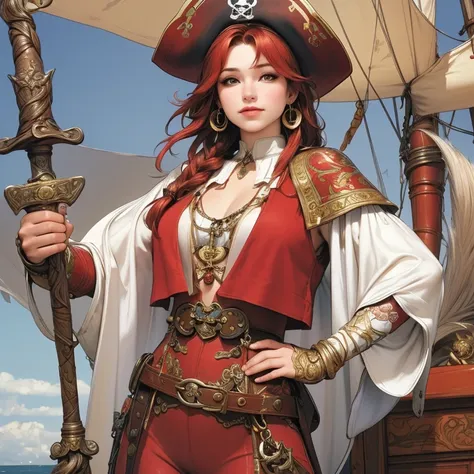 a 30-year-old redheaded female pirate captain, shoulder-length wavy hair, red bandana, large gold hoop earrings, loose white lon...