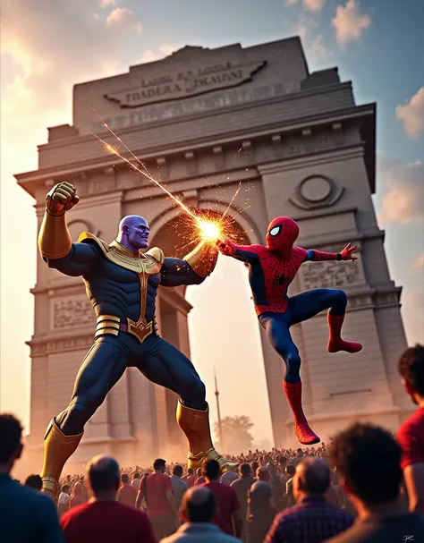 Fight between Thanos and Spider-Man in front of India Gate, some people have gathered to watch the fight