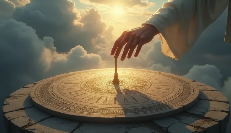 A sundial with rapidly moving shadows while a heavenly hand holds the pointer, symbolizing Gods control over time.