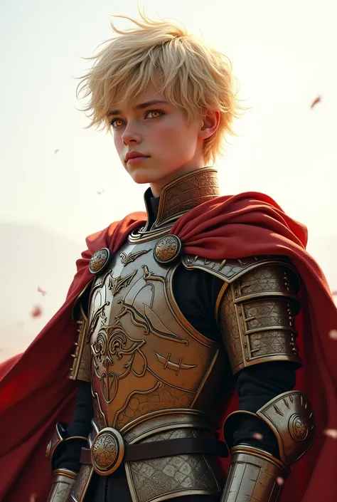 Best quality, masterpiece, ultra high resolution, white background, realistic, hadesstyle, retracted from a 1 prince on the battlefield, short blonde hair, amber eyes, Imperial Prince armor, cape, depth of field