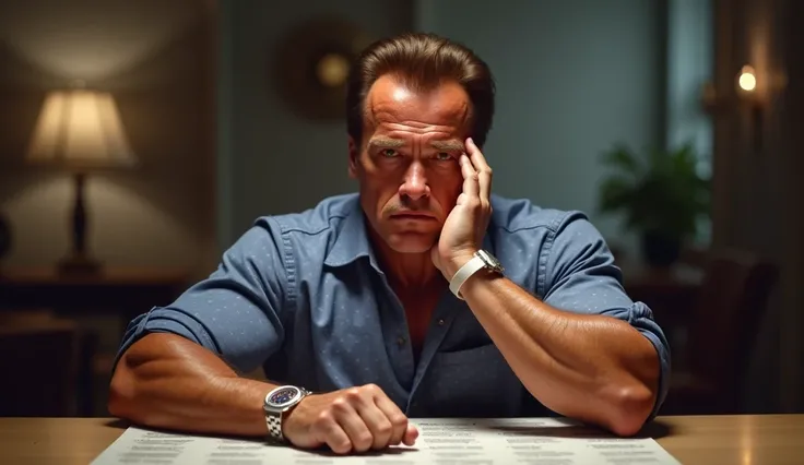 "Generate a high-resolution image of Arnold Schwarzenegger sitting at a dining table. He is wearing a blue printed shirt. His face should show a focused, intense expression, as if he’s scrutinizing something closely. His hands should be placed on his face,...