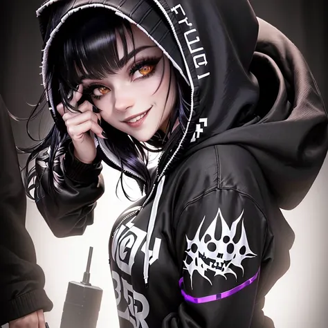 arafed image of a woman with a hoodie and a smile, goth girl, black haired girl wearing hoodie, goth clown girl, cute face. dark fantasy, ig model | artgerm, black and white), gothic girl face, gothic girl, epic 3 d abstract emo girl, girl wearing hoodie, ...