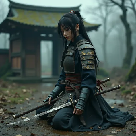 absurd realistic photo of a japanese samurai girl wearing a worn out  armor kneeling on a wet soil in front of a rotten shrine, the weather is misty, she is holding a broken katana  sword,  best quality, ultra realistiic, perfect body, beautiful face, accu...