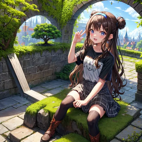 Rainbow brown hair、Rainbow Eyes、Wavy Hair、Hair tied up、Two cute、Checked mini skirt、Black T-shirt、dress、Black knee-high socks、Headband、Teeth are visible、Monster Castle、Tilting face、lawn、In front of the city gates、Underground tunnels、The stone is cracked、Une...