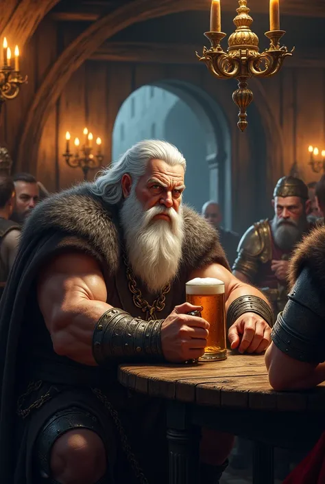 Swords and sorcery tavern, heavy noble drinking, white beard, muscular 