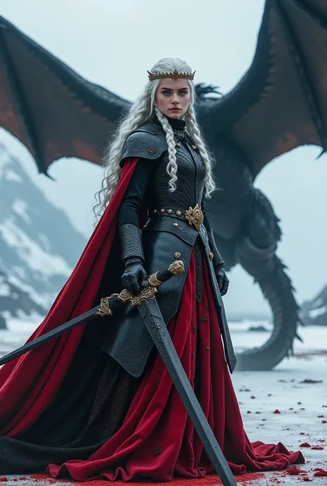 Create a detailed image of Targaryen on the battlefield and with his black dragon flying in the sky.A silver-haired velaryon and the most beautiful of the seven kingdoms,  with wavy white hair,side braids,beautiful colar, Targaryen women hairstyle,beautifu...