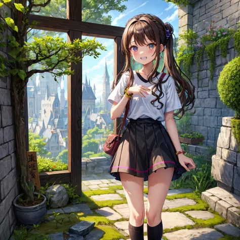 Rainbow brown hair、Rainbow Eyes、Wavy Hair、Hair tied up、Two cute、Checked mini skirt、Black T-shirt、dress、Black knee-high socks、Headband、Teeth are visible、Monster Castle、Tilting face、lawn、In front of the city gates、Underground tunnels、The stone is cracked、Une...